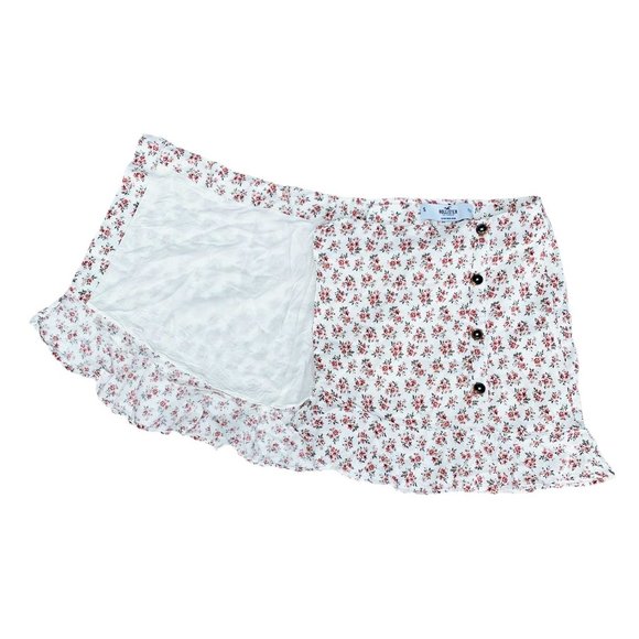 White Floral Ruffle Mini Skirt with Red Flowers High Waist Hollister Small - Picture 4 of 11